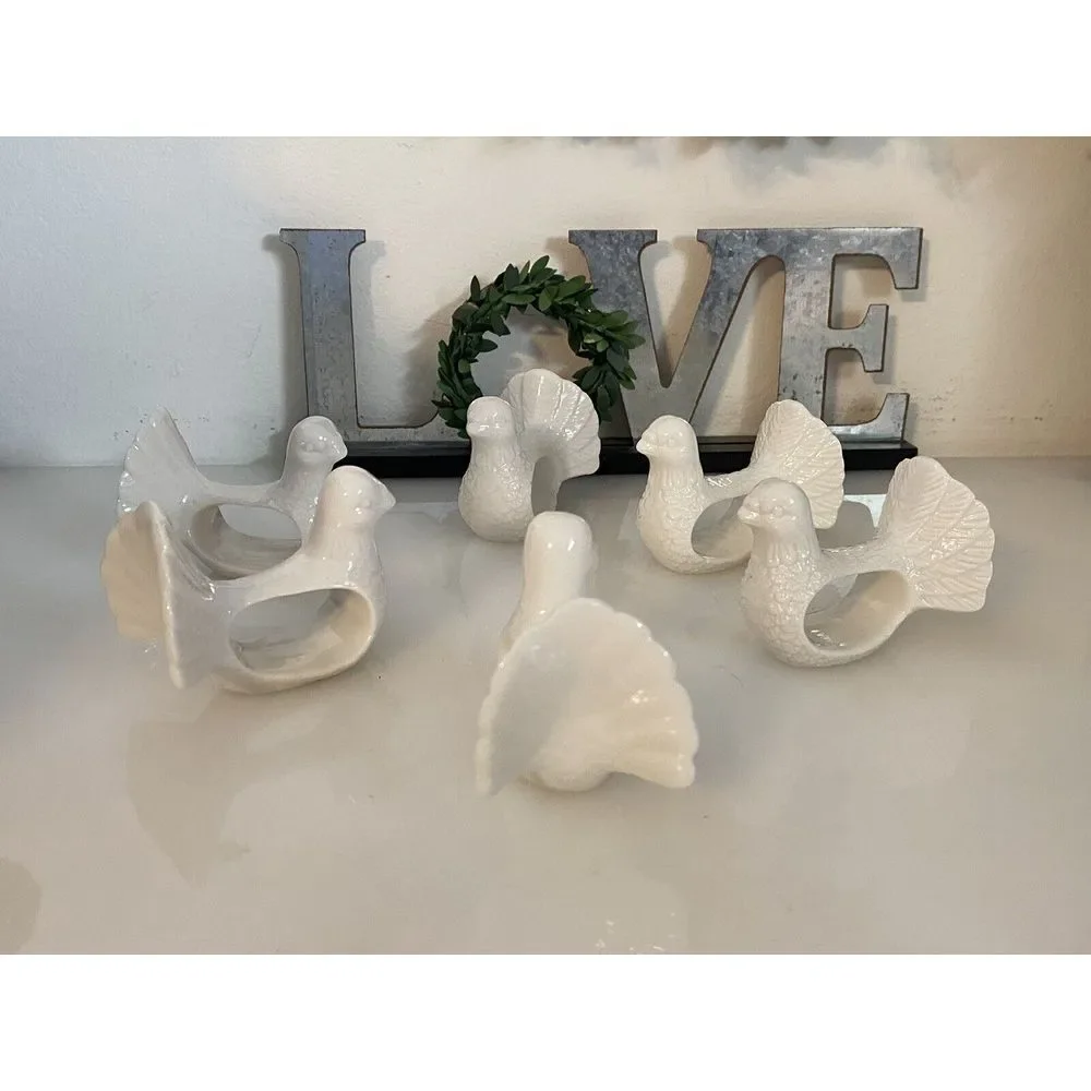Set of 6 Dove Shafford Napkin Rings Holders Porcelain Bird‎ Retro Table Pigeons